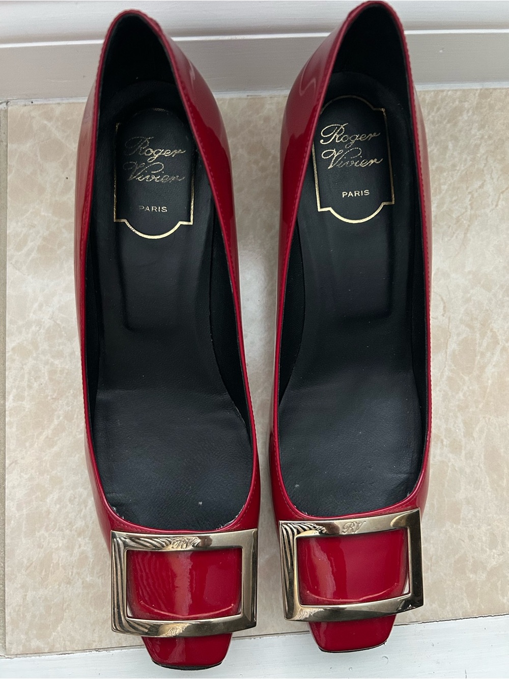 Roger Vivier Red Patent Pumps with Gold Buckle
